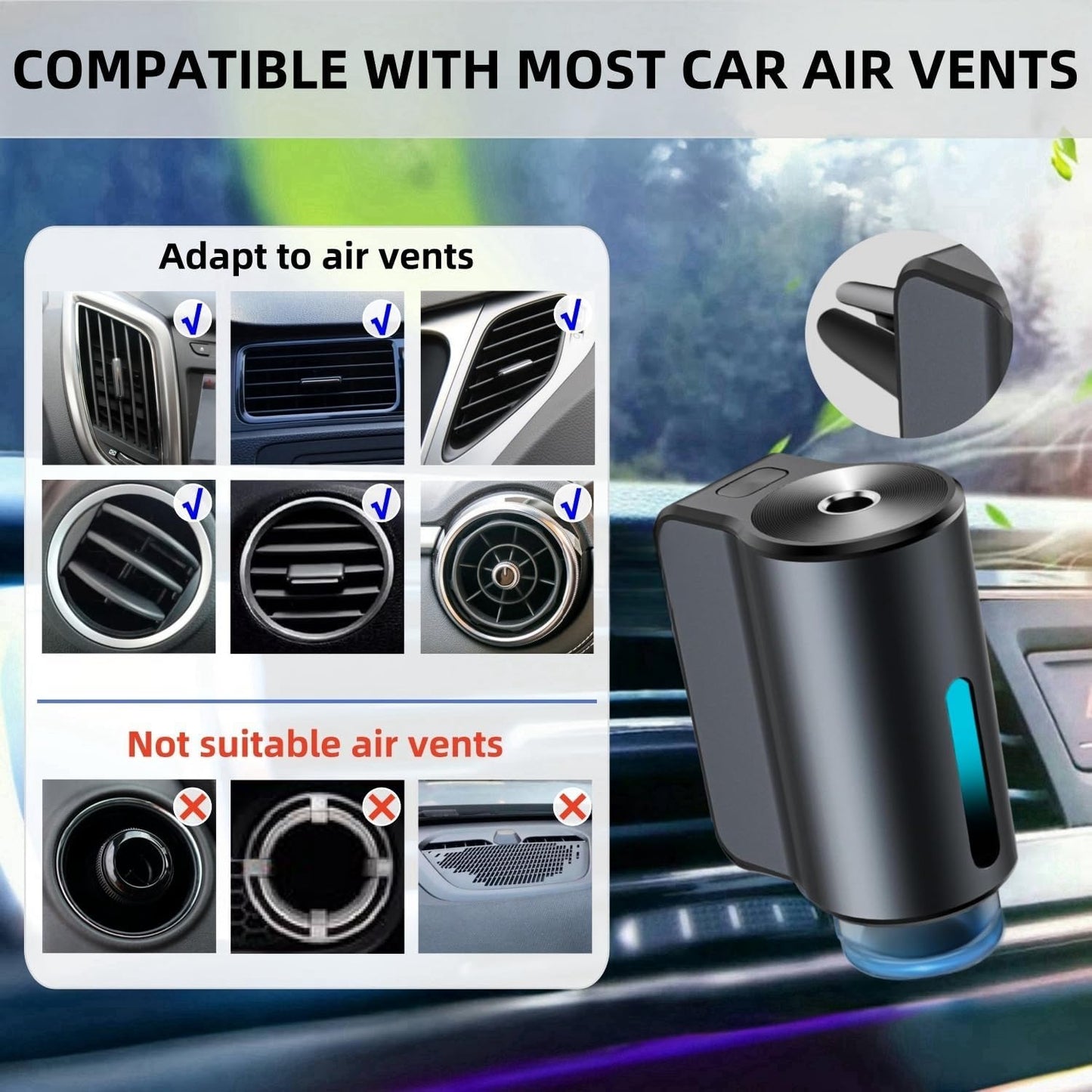 Car Air Freshener Diffuser, Smart Car Air Freshener, Car Diffuser Air Freshener with Three Adjustable Modes, Aromatizante Para Carro with 3Pcs Essential Oil, Car Fresheners Long Lasting