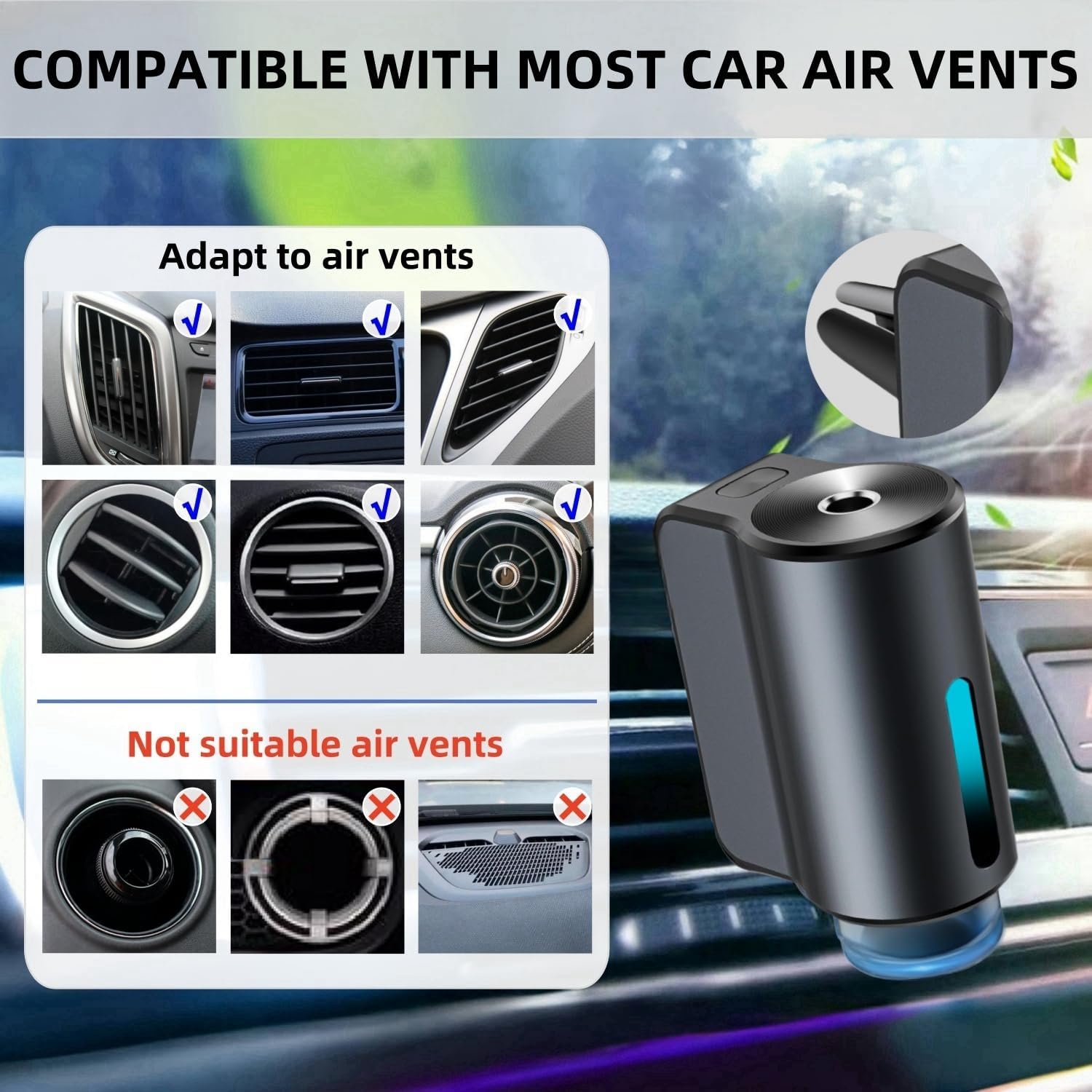 Car Air Freshener Diffuser, Smart Car Air Freshener, Car Diffuser Air Freshener with Three Adjustable Modes, Aromatizante Para Carro with 3Pcs Essential Oil, Car Fresheners Long Lasting