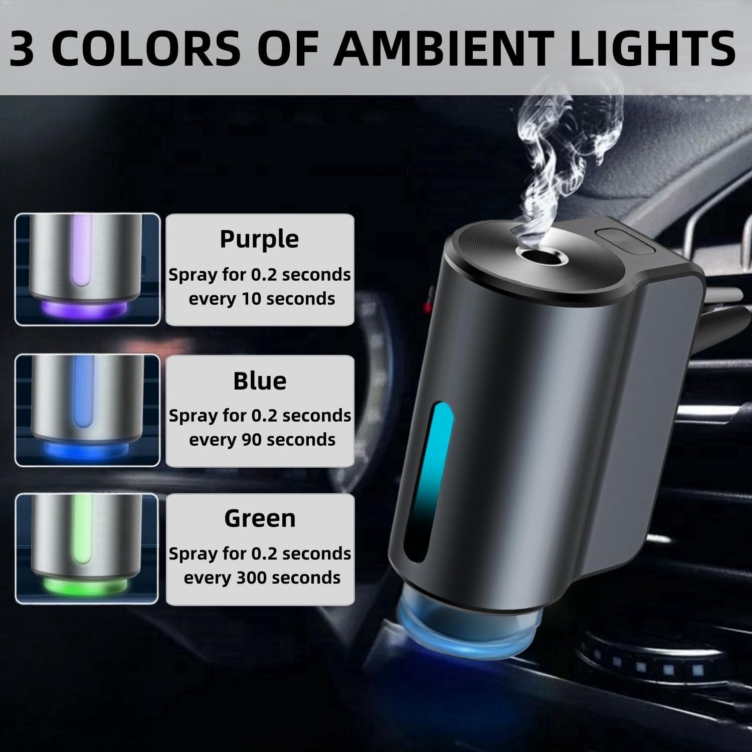 Car Air Freshener Diffuser, Smart Car Air Freshener, Car Diffuser Air Freshener with Three Adjustable Modes, Aromatizante Para Carro with 3Pcs Essential Oil, Car Fresheners Long Lasting